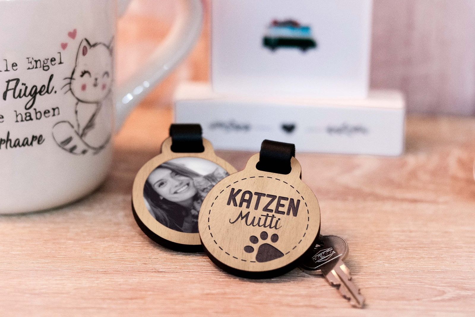 Fotogravur Schlüsselanhänger / Katzen Mutti