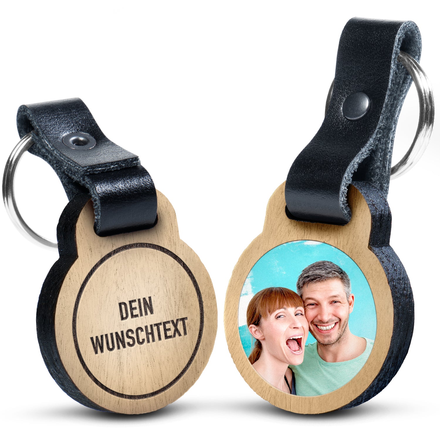 Foto-Schlüsselanhänger aus Eichenholz mit deinem eigenen Wunschtext und deinem Foto in Farbe