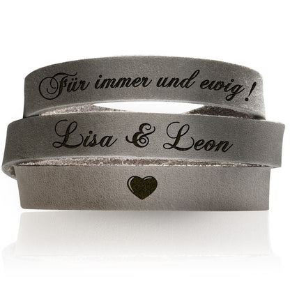 Graviertes Wickelarmband aus Leder Grau
